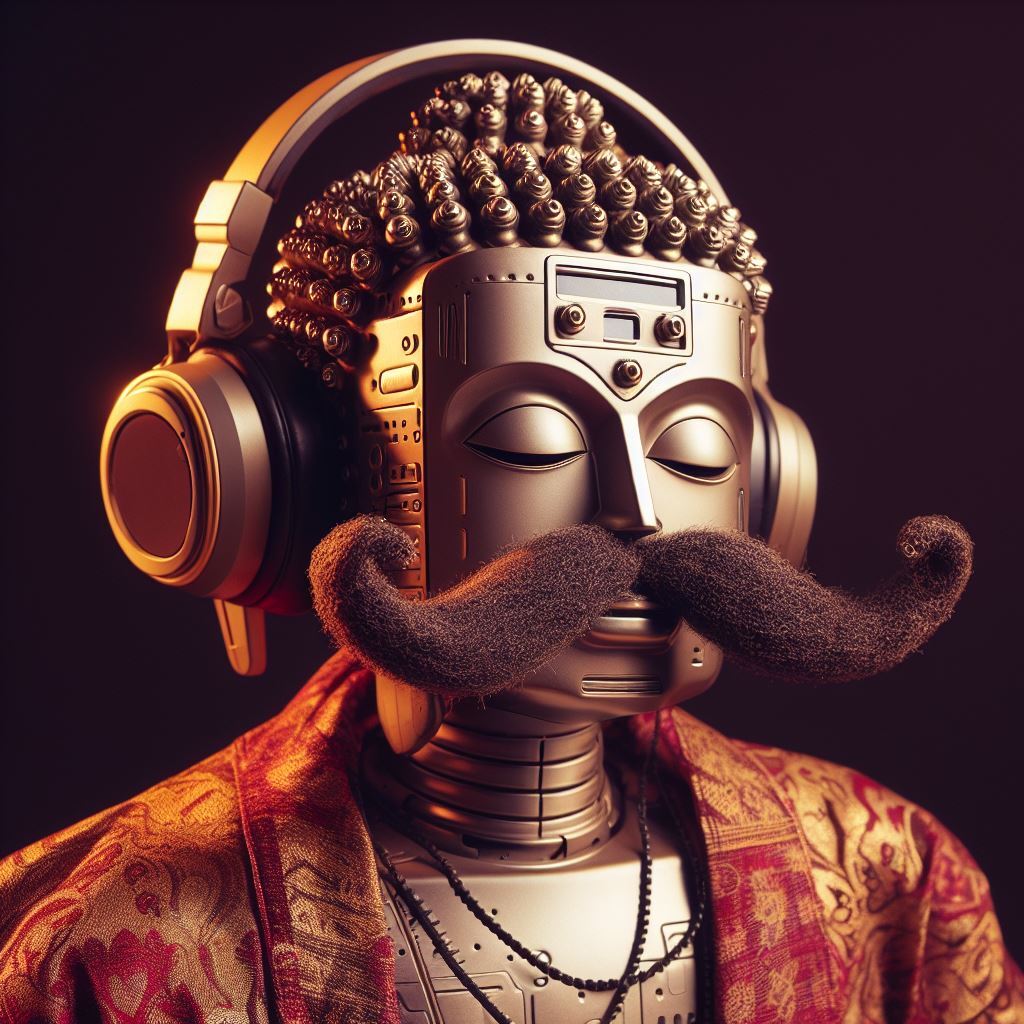 A buddha robot listening to music